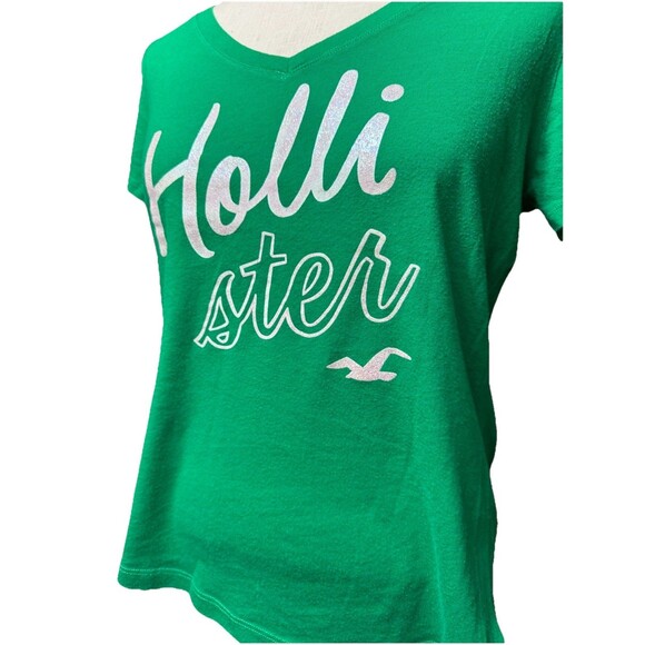 Y2K Hollister Green V-neck Glitter Graphic Tee Bird Logo GUC Large Surf Classi - Picture 2 of 6